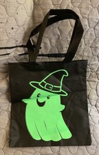 Halloween Trick or Treat Black Tote Bag W/ Green GITD Ghost 13  x12  