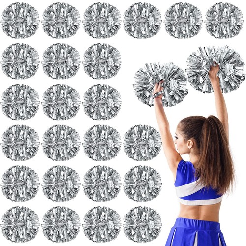 24Pack Cheerleading Pom Poms with Baton Handle 14.5Inch Metallic Cheering Squad