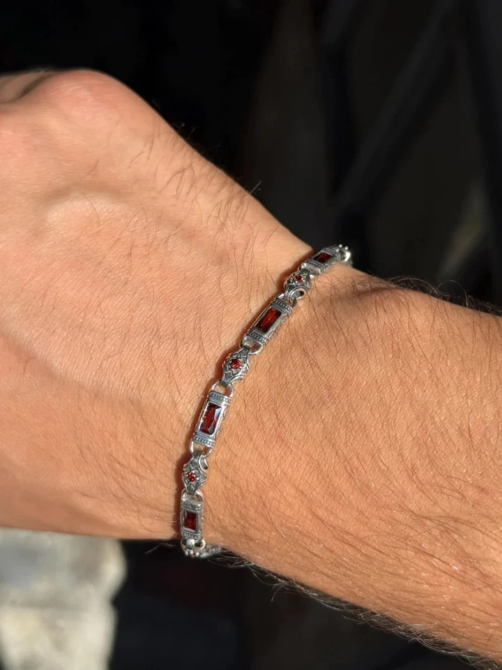 925 Sterling Silver Ruby Hand-Engraved Bracelet, Byzantine Chain Link Bracelet - Image 2 of 4