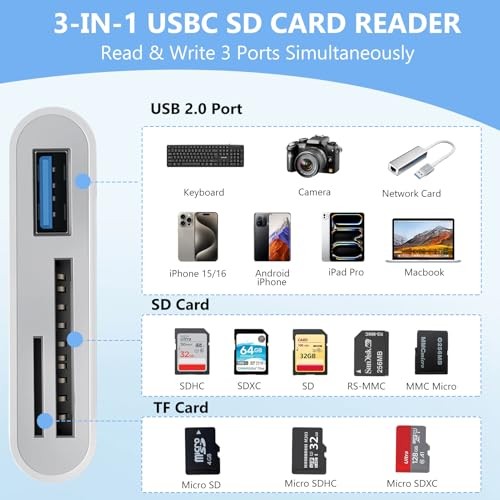 Lecteur de Carte SD USB C pour Adaptateur iPhone, Lecteur de Carte Mémoire 3 en 1 Double Emplacements - Photo 3 sur 8