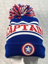 Captain America Marvel Knit Hat Beanie Skull Cap Pom Pom-ADULT Size EUC