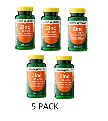 5 PACK Spring Valley Zinc 50mg Caplets- 200 Count new free shipping