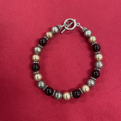 Sterling Silver 925 Black, Gray & Gold Beaded Bracelet With Toggle Clasp