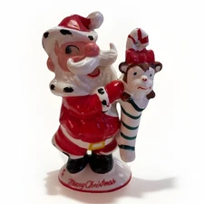 Vtg KREISS Japan Ceramic Christmas Santa Claus w Monkey in Stocking