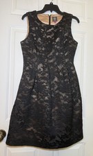 Vince Camuto Black Floral Lace Beige Lined Fit & Flare Dress Sz 6 Pleated Formal