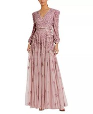 Mac Duggal Embellished V Neck 3/4 Sleeve A Line Gown Sz16 $798