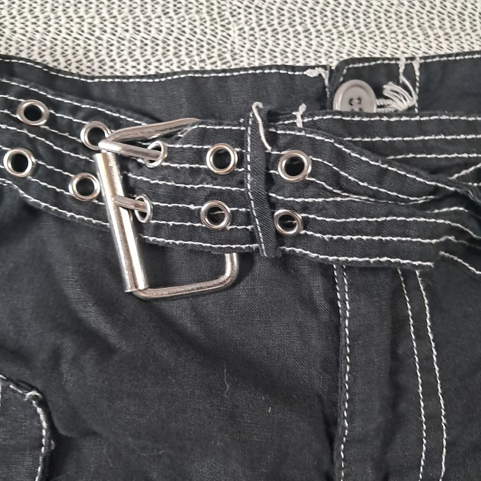 Pantalones Cortos Johnny Was Talla 12 Negro Lino Carga Utilidad Cinturón Gótico Corto Punk Foto 2 de 4