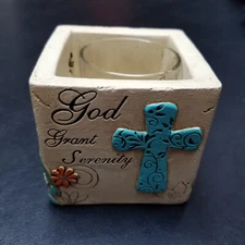 God Grant Serenity Candle Holder with Light Blue Cross 3"x3"x3"
