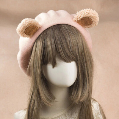 Pink Lolita Teddy Bear Beret Handmade Kawaii Anime Cartoon Lolita Beret Hat Bear Ear  main image 4