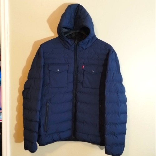 Men's Levi's Stretch Quilted Puffer Hooded Winter Jacket, Navy Blue XL - NWTs