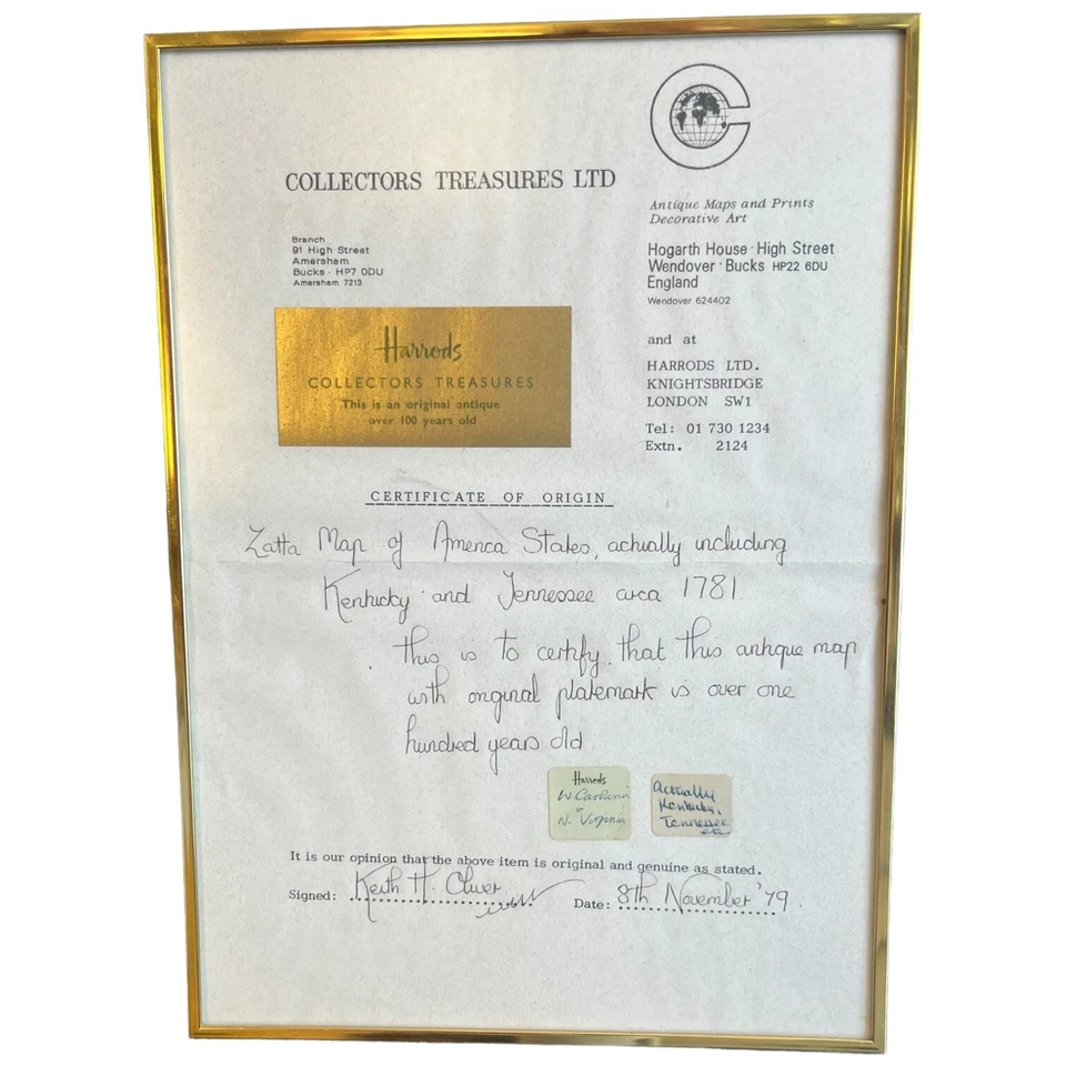 1778 Antonio Zatta Colonial America Virginia North Caroline Cherokee Harrods COA - Image 2 of 4