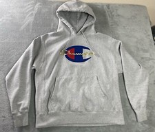 Champion Hoodie Sweatshirt Reverse Weave Oxford Gray Logo Heavyweight Large