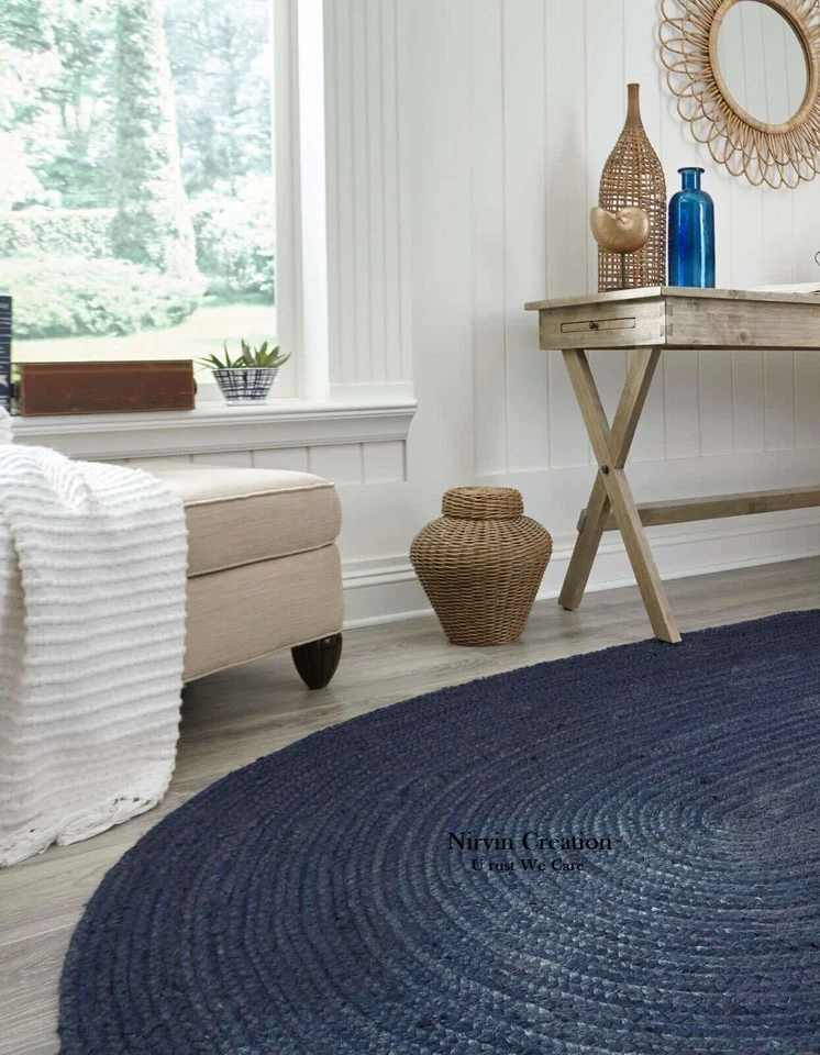 Oval Rug Jute Blue Carpet Mat Farmhouse Natural Handmade Braided Rustic Look - Image 2 of 4