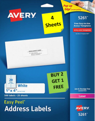 [4 Sheets] Avery 5161/5261/5961 White 1'' x 4'' Address Labels LASER B2G1