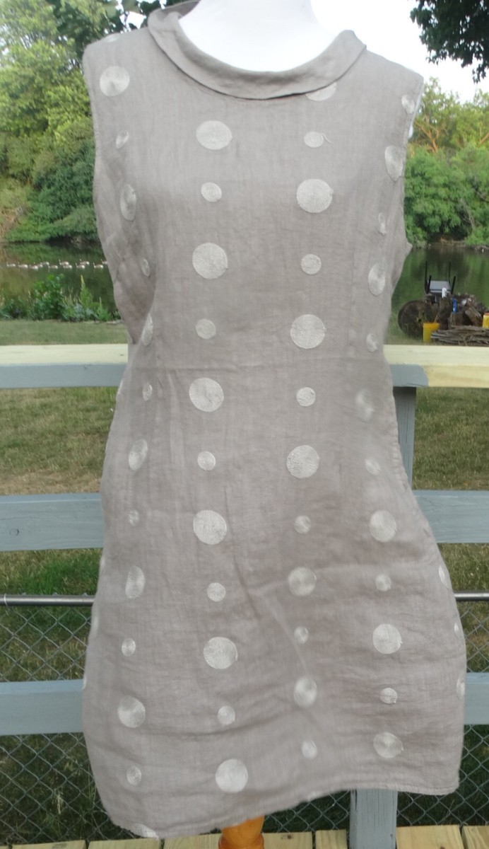 NEW Lina Tomei Embellished Linen Scoop Portrait Collar Shift Dress