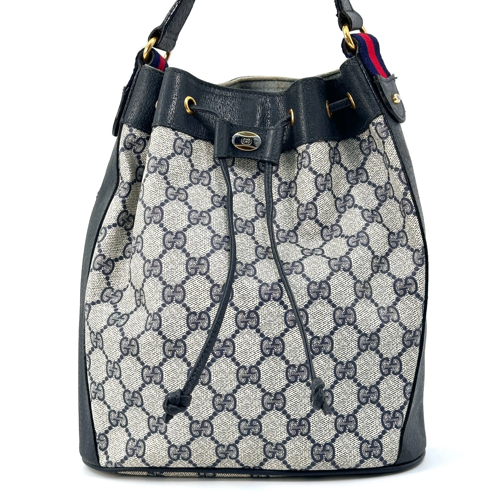Sac bandoulière GUCCI vintage GG Supreme cordon bleu marine PVC cuir bande toile