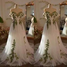 Vintage White Ivory Wedding Dresses with Green Leaves Off the Shoulder Bridal