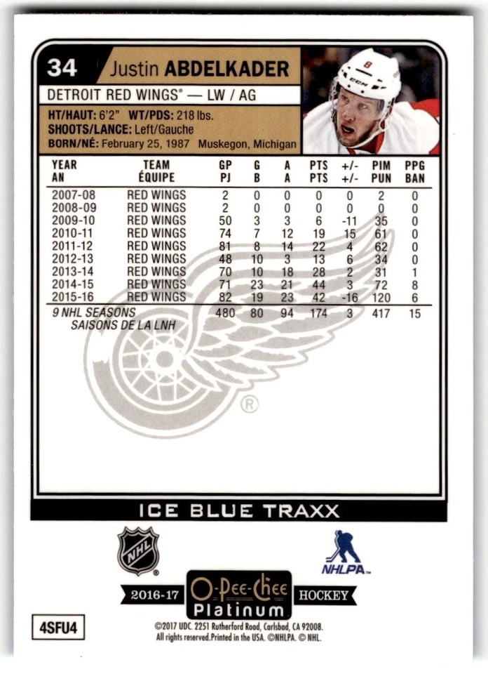 2016-17 O-Pee-Chee Platinum Ice Blue Traxx Justin Abdelkader #34 Detroit Red - Image 2 of 2