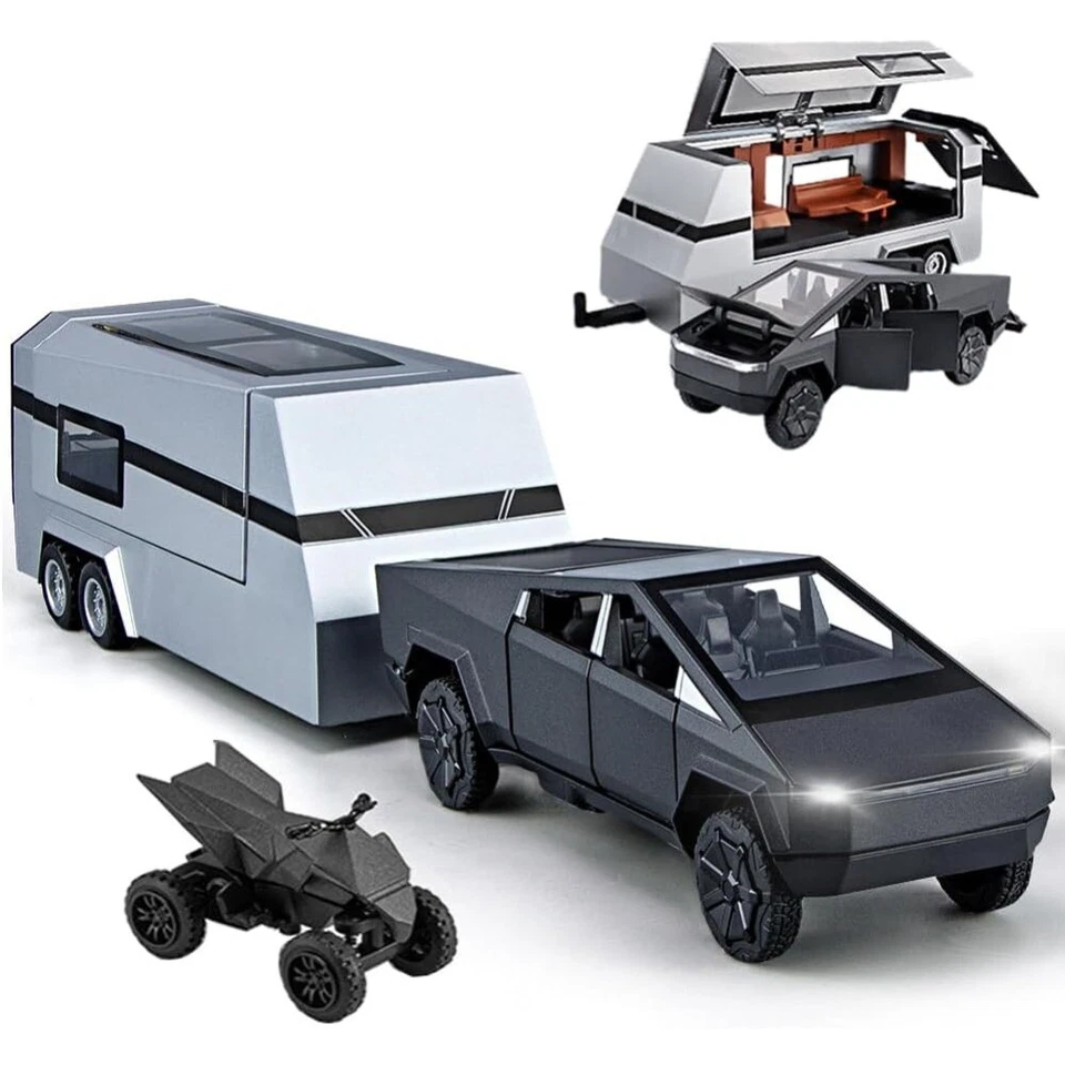 Casa rodante Tesla Cybertruck 1/24 modelo de metal fundido a presión remolque camioneta juguete Foto 2 de 4
