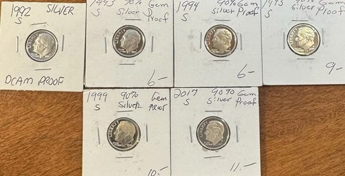1992s,1993s,1994s,1995s,1999s,2017s 90% silver dime proofs.