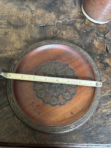 Vintage 1977 Polish Folk Art Carved Wood Plate - Kraków Brass Inlay 8.25"