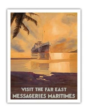 Visit the Far East - Vintage Messagerie Maritimes Ocean Liner Travel Poster