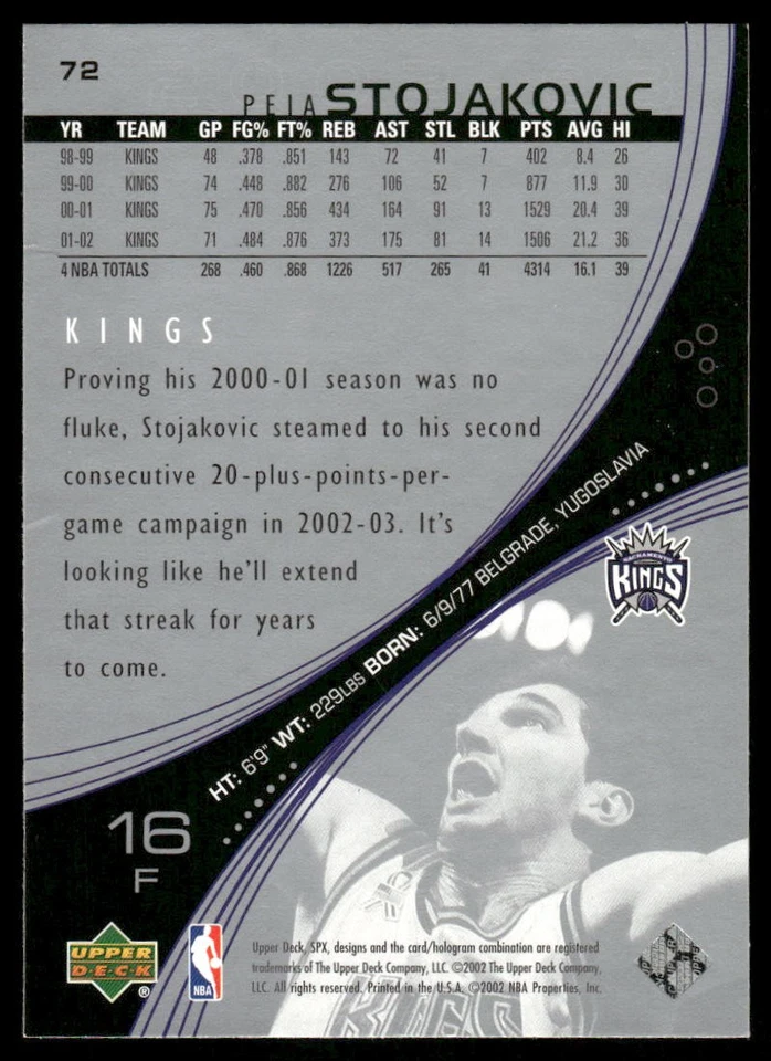 2002-03 Upper Deck Peja Stojakovic #72 Basketball - Image 2 of 2