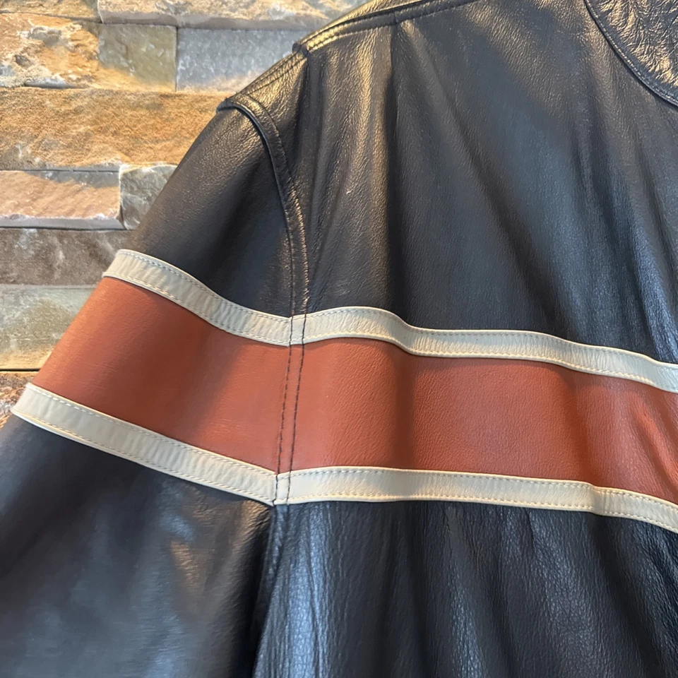 Wilsons M. Julian Black Leather Racer Moto Biker Striped Jacket Men’s Xxl VTG - Image 3 of 4