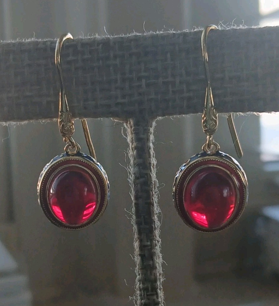 Ruby Red Glass  Cloisonne Dangle Drop Pierced Gol… - image 3