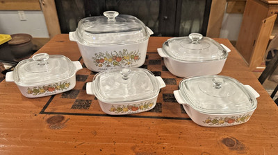 Set of 5 Vintage Corning Ware Spice of Life L'Echalote La Marjolaine wPyrex Lids