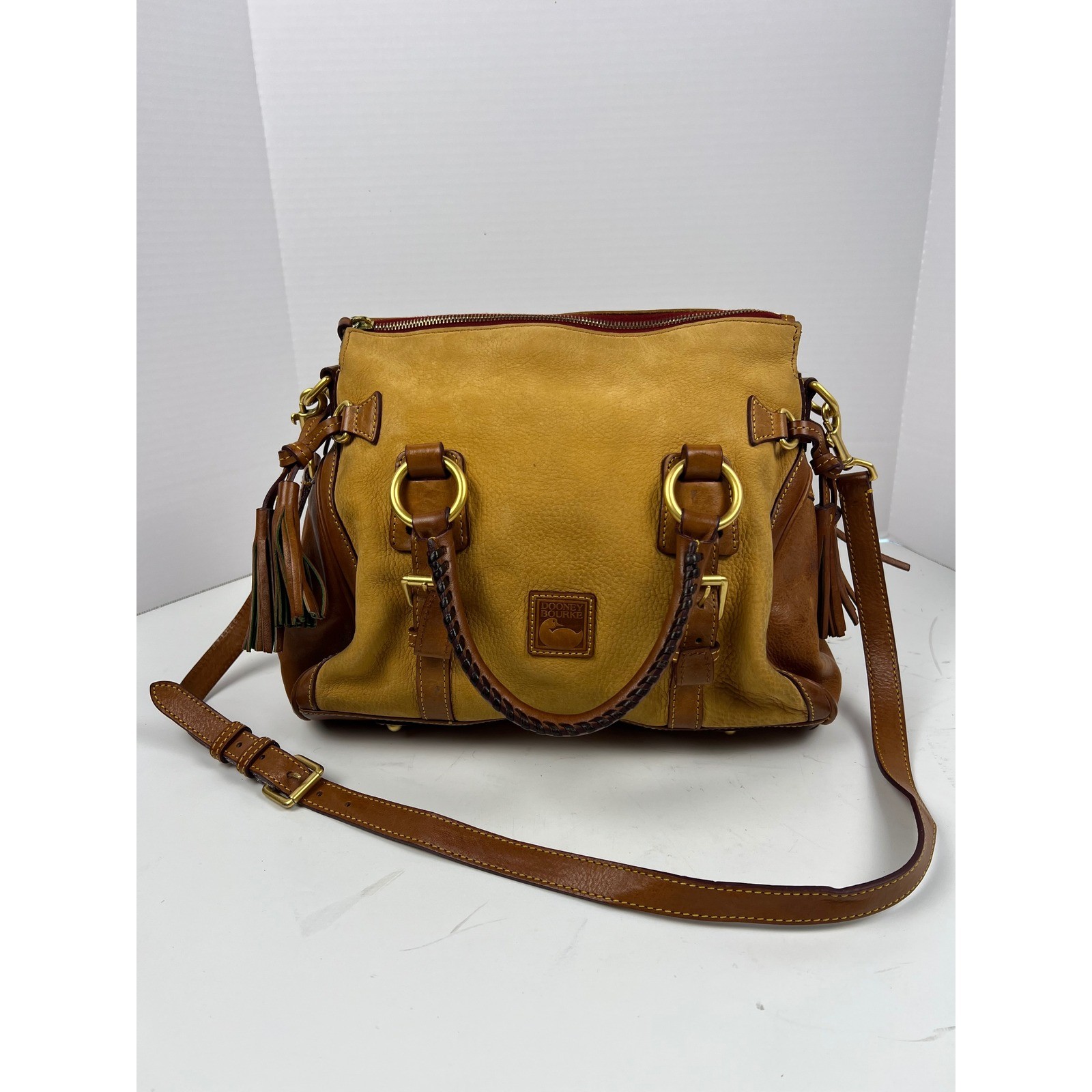 Dooney Bourke Flourentine Leather Satchel Shoulder Bag Tan Brown Tassel