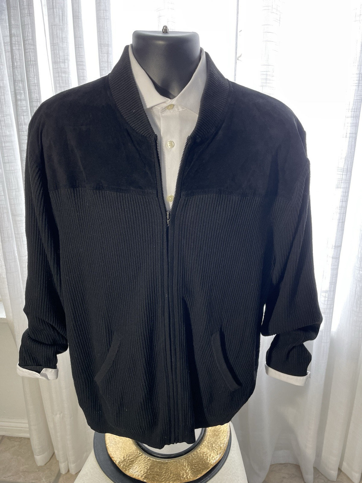 Pendleton Men Jacket Large Black Leather knit Sue… - image 11