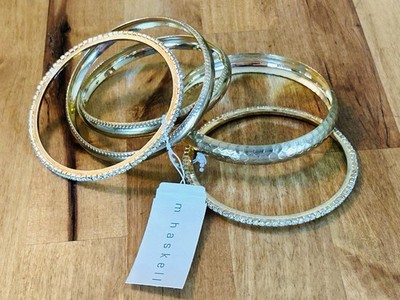 VTG M. Haskell 5 BANGLE BRACELET STACK SET 2 Rhinestone 2 Dot Rim 1 Hammered NOS