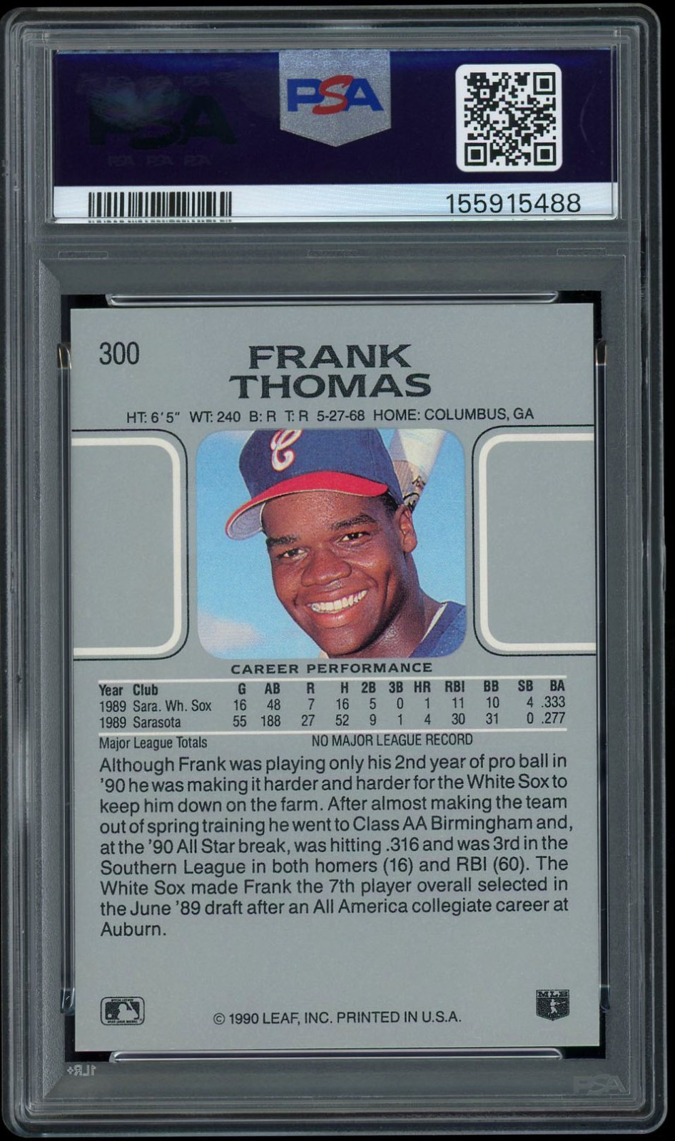 Frank Thomas 1990 Leaf Rookie RC 300 PSA 10 GEM MINT view 2