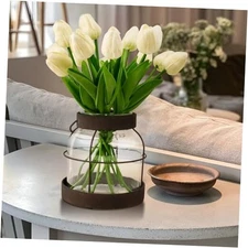 Farmhouse Vase with Artificial Flowers, Rustic Glass Bottle with Tulips 