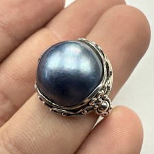 VTG Beautiful Signed NF Sterling Silver Large Grey Pearl Ring Size 5.75 - 6.2g