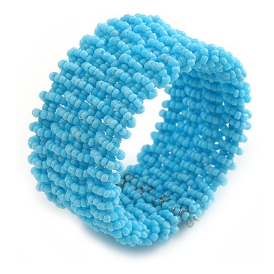 Ausgefallenes hellblaues Flex-Manschettenarmband mit Glasperlen - verstellbar