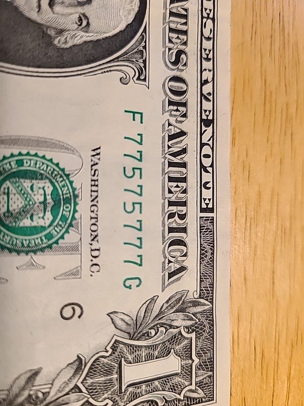 77575777. $1 FRN Fancy Repeater 6 Of A Kind 7s Binary Serial Number.   Twin Set