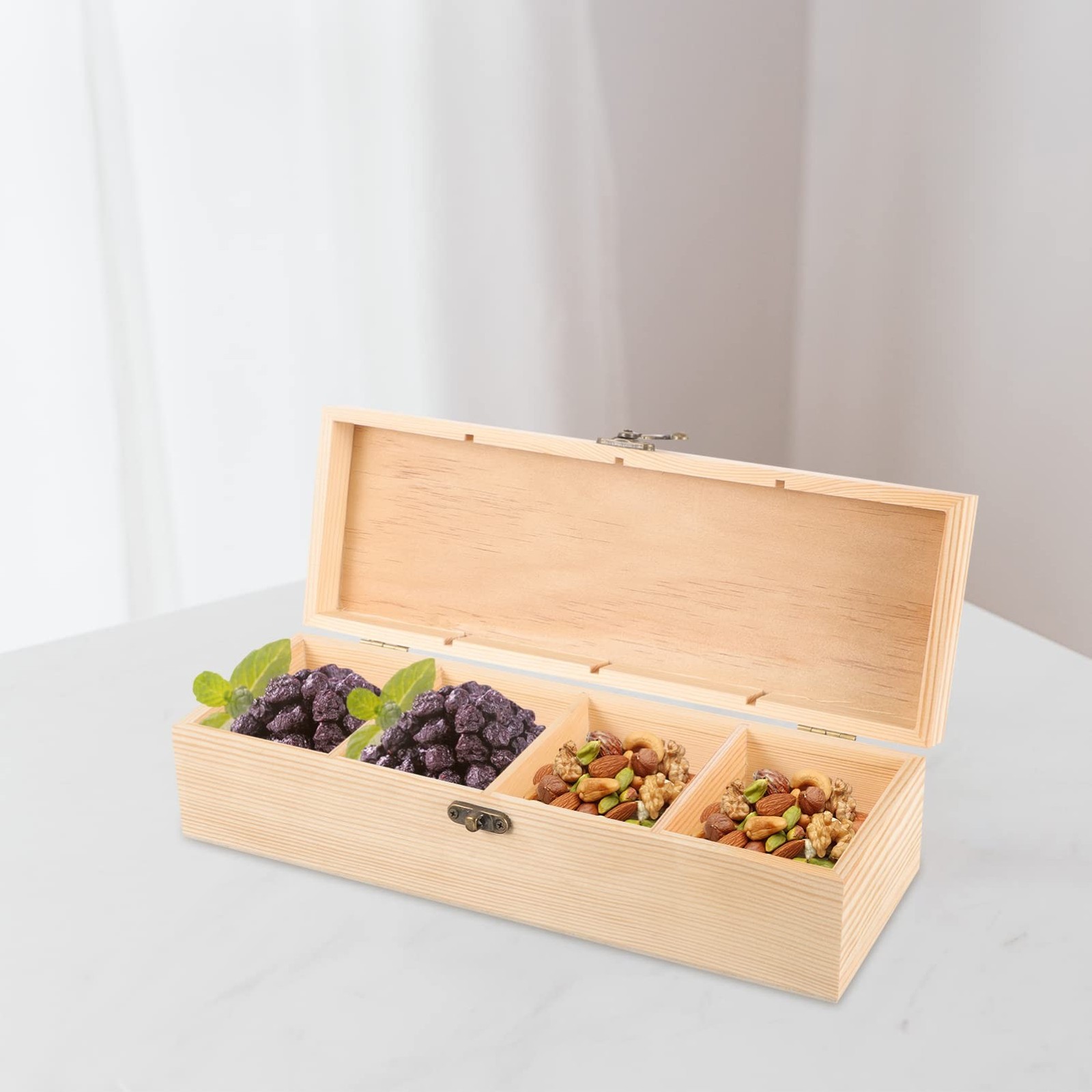 iplusmile Solid Wood Tea Storage Box with Lid 4-Compartment Wooden Organizer ...
