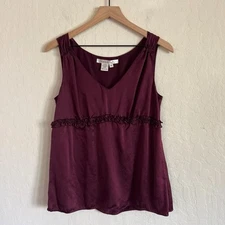 Vintage 90s Y2K Studio M 100% Silk Babydoll V-Neck Tank Top Medium Purple Ruffle