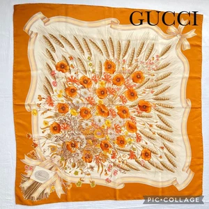 GUCCI Ancienne écharpe Gucci en soie bouquet floral marron jaune 33x33 pouces femme