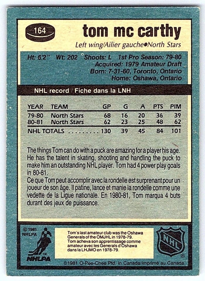 1981-82 O-Pee-Chee Tom McCarthy Minnesota North Stars #164 - Image 2 of 2