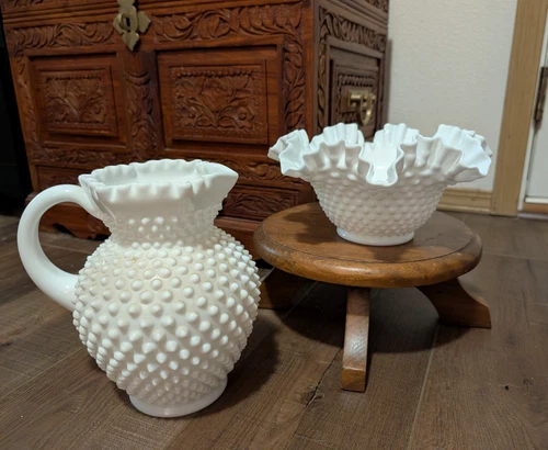 Vintage Fenton Hobnail Milk Glass Pitcher and Compote Bowl - Crimped Rim