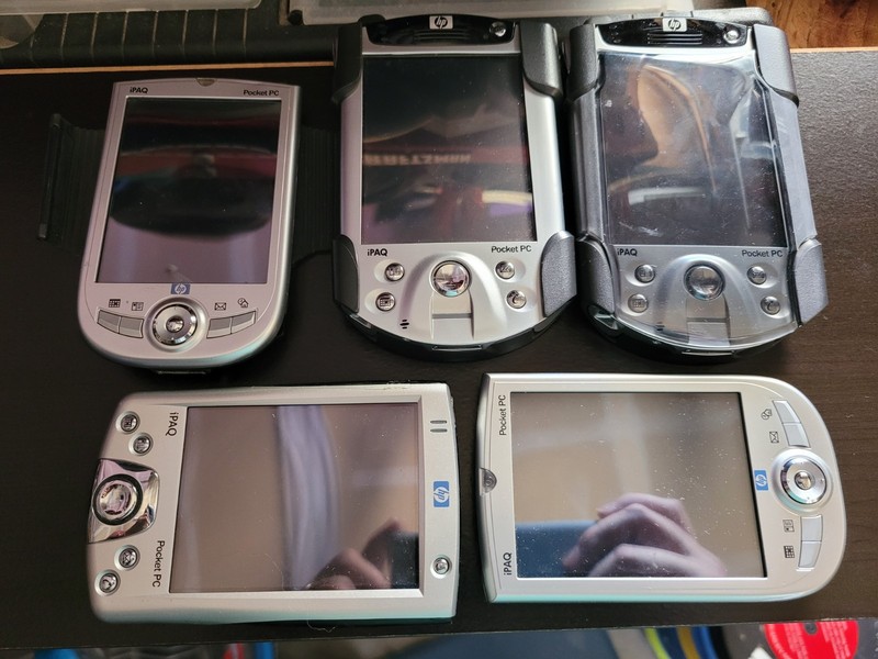 Lot of 5 HP IPaq PocketPC with: AC Adapter, Dock, USB Cables, Cases