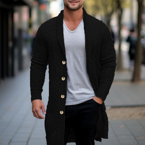 Men's Button Up Plain Shawl Midi Sweater Coat Cardigan Chunky Knit Long Sleeve - Picture 7 of 24