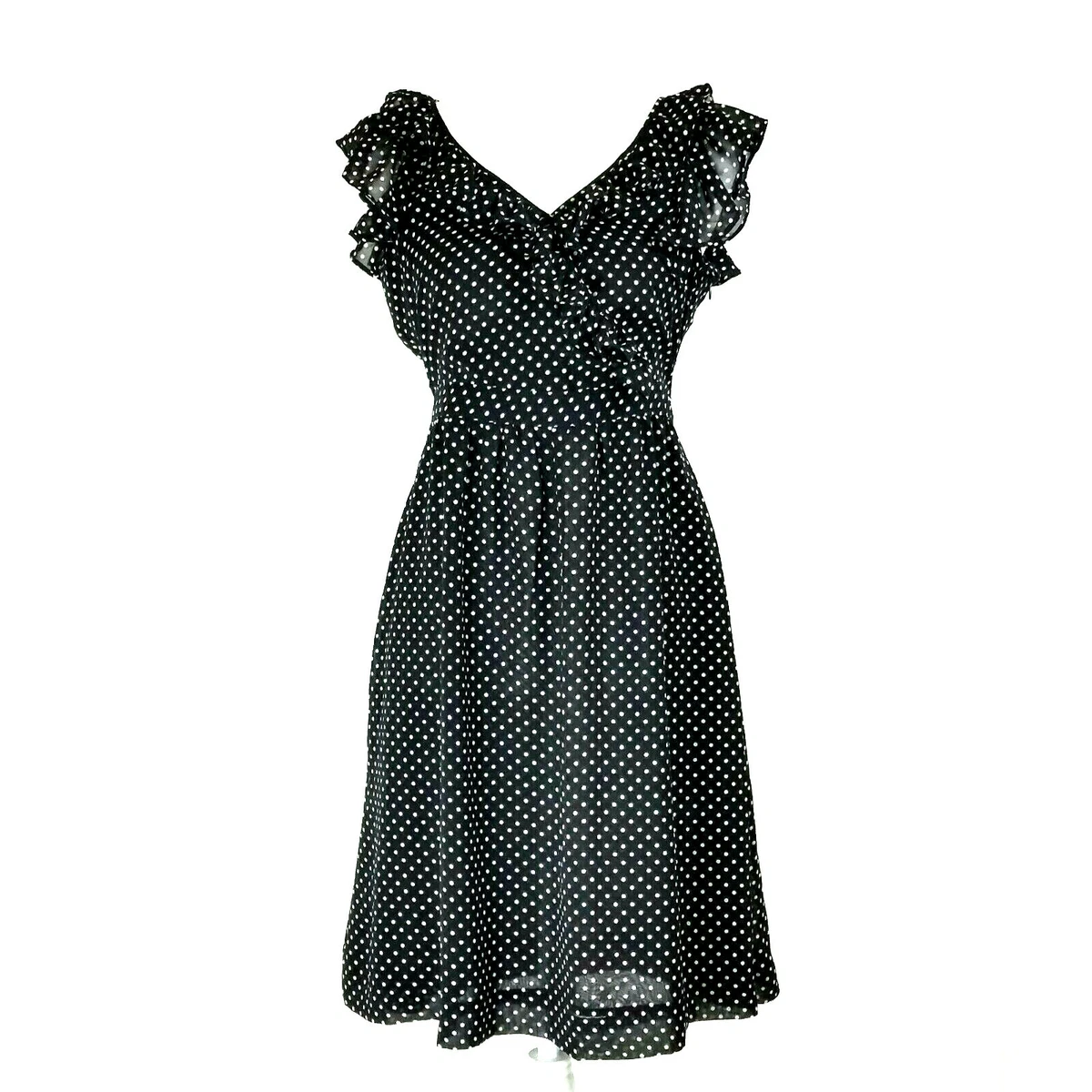 Pure Alfred Sung Womens Dress S Black Polka Dot Chiffon Ruffle Fit Flare