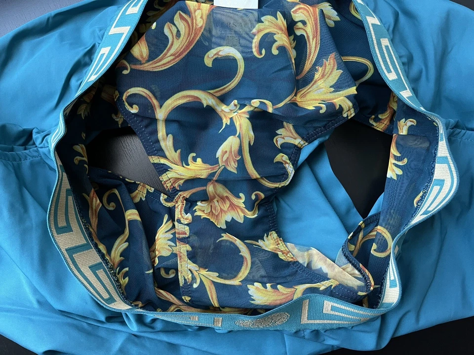 NWT Versace Mens Greca Border Swim Trunks Shorts Teal Blue Green Size 6 Large - Image 4 of 4