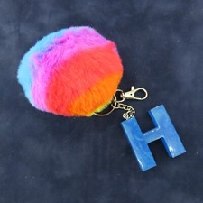INITIAL LETTER H Keychain Blue Shimmer Handbag Charm Purse Clip Rainbow Pom