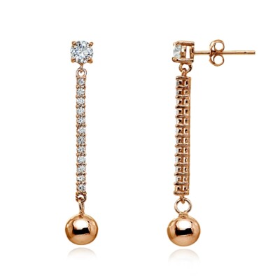 Long Dangling Cubic Zirconia Bead Drop Stud Earrings in Rose Gold Plated Silver
