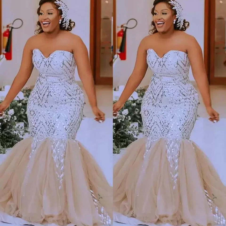 Vestidos de novia de sirena champán de talla grande sin tirantes con lentejuelas brillantes vestido de novia Foto 2 de 4